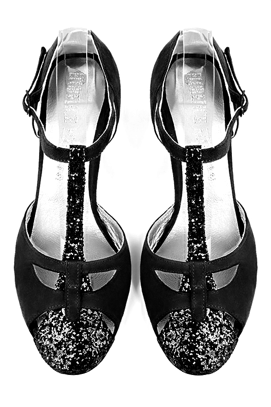 Gloss black women's T-strap open side shoes. Round toe. Medium spool heels. Top view - Florence KOOIJMAN
